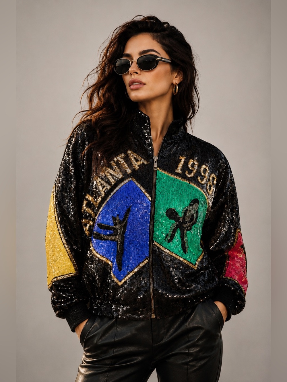 1996 Atlanta Olympics Sequin Bomber Jacket  RARE by MODI size 8/10 Medium Silk
